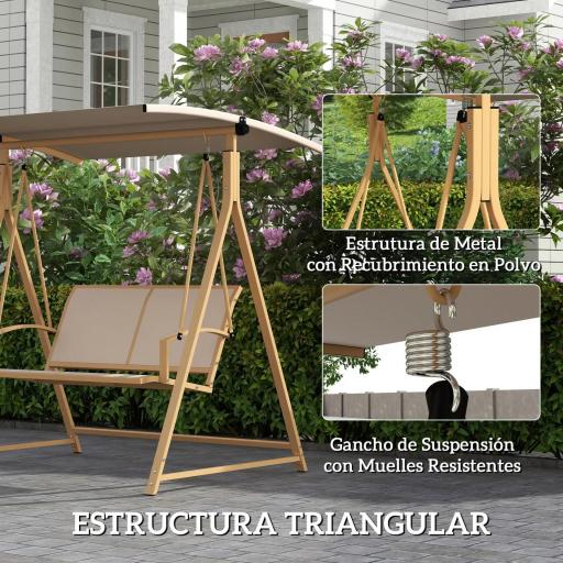 Columpio de Jardín de 2 Plazas con Toldo Ajustable y Estructura Triangular de Metal Carga 220 kg 160x112x162 cm Caqui [8]