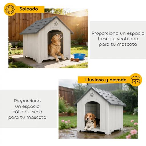 Caseta para Perros Exterior Casa para Perros Grandes de Plástico con 2 Ventanas Base Elevada Estacas Gris [4]