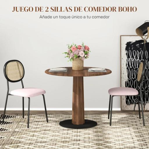 Pack de 2 Sillas de Comedor con Respaldo de Ratán Sintético y Marco de Acero para Salón 44x54x87 cm Rosa y Negro [2]