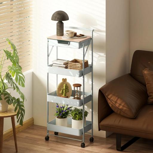 Carrito Auxiliar con Ruedas de 4 Niveles con Cajón Encimera y Cestas de Rejilla para Dormitorio Baño Cocina Verde Claro [6]