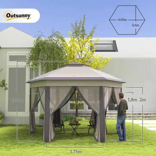 Carpa Plegable 4x3,4 m con Doble Techo 6 Mosquiteras Extraíbles y Bolsa de Transporte Anti-UV Marrón y Beige [1]