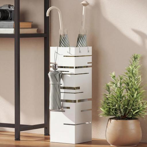 Paragüero Metálico con Bandeja de Goteo y 4 Ganchos, 15,5x15,5x49 cm, Blanco [3]