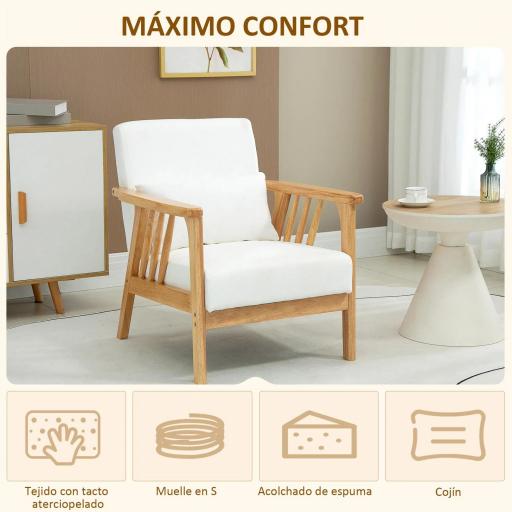Sillón de Salón Tapizado en Terciopelo con Cojín y Patas de Madera de Caucho para Oficina 68x75x78 cm Crema [2]