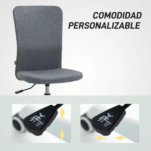 Silla de Oficina con Ruedas Altura Ajustable y Tapizado en Lino Sintético para Oficina o Estudio 53x43x85-93 cm Gris [4]