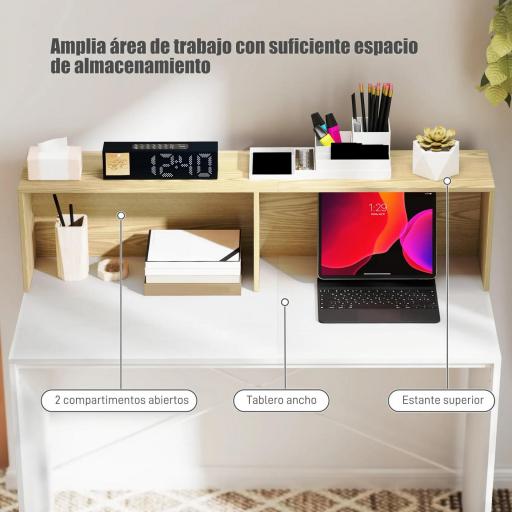 Escritorio 110x50x102,6 cm Mesa de Escritorio con 2 Compartimentos Abiertos y Estante Blanco y Madera Natural [2]