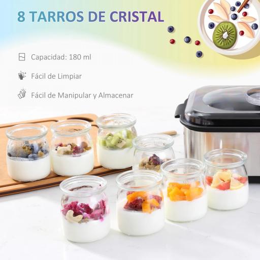 Yogurtera 30W Capacidad 1,44L con 8 Tarros de Cristal de 180 ml Termostato Ajustable Temporizador de 1-48 Horas y Apagado Automático 36x18,8x14 cm Plata [5]