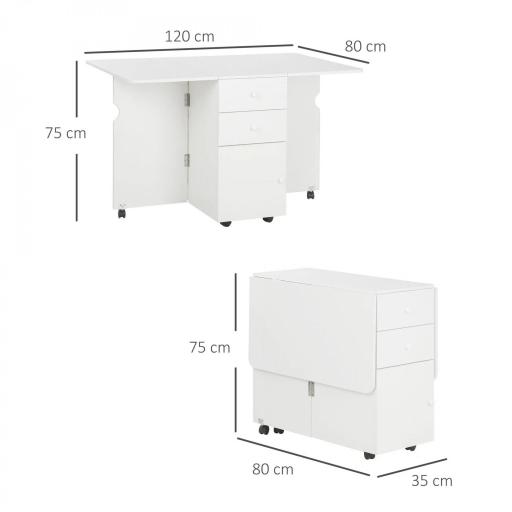 Mesa de Comedor Plegable Alas Abatibles con Ruedas y 2 Cajones Mesa de Cocina Pequeña Estilo Moderno 120x80x75 cm Blanco [8]