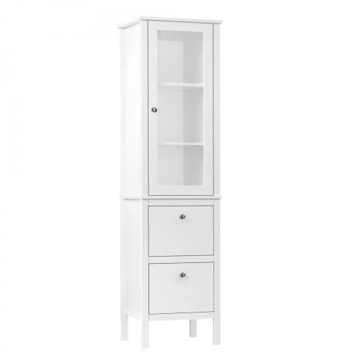 Armario Alto para Baño Mueble Columna de Baño con Puerta de Cristal Estantes Ajustables y 2 Cajones 43x35x160 cm Blanco [8]