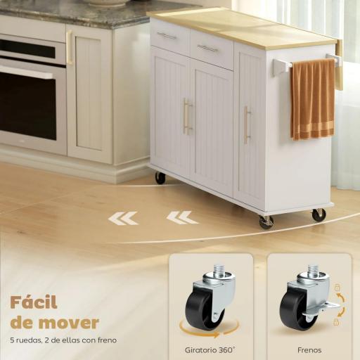 Isla de Cocina con Ruedas Encimera Plegable 2 Puertas con Cierre Suave Bandeja Extraíble 2 Cajones Blanco [6]