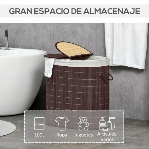 Cesto para Ropa Sucia de Bambú Capacidad de 100L Cesta para la Colada con 2 Compartimentos 62,5x37x60,5cm Marrón [7]