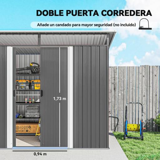 Cobertizo de Jardín Exterior 4,5 m² 260x194x200 cm con Paneles Frontales Transparentes y 2 Puertas Corredizas Gris [5]