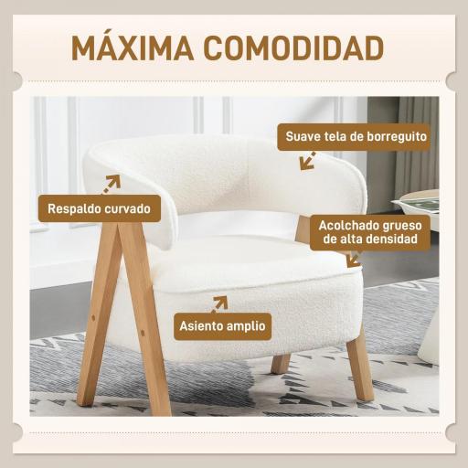 Butaca de Salón Tapizada en Borreguito Acolchada Gruesa Patas de Madera Respaldo Curvado 70x64x71 cm Blanco [3]