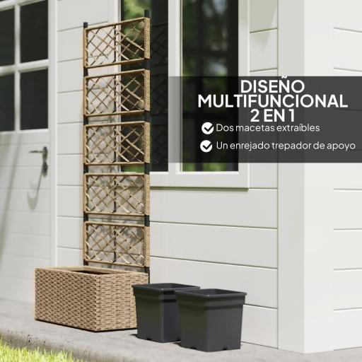 Jardinera Exterior Grande de Ratán con Enrejado y 2 Macetas Extraíbles para Plantas Trepadoras 57x30x150 cm Natural [7]
