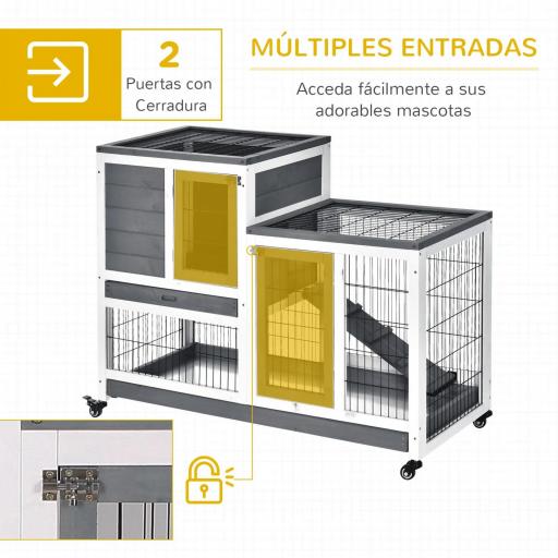 Conejera de Madera con Ruedas para Interior Jaula de 2 Pisos con Rampa y 2 Bandejas Extraíbles 110x50x88cm Gris [3]