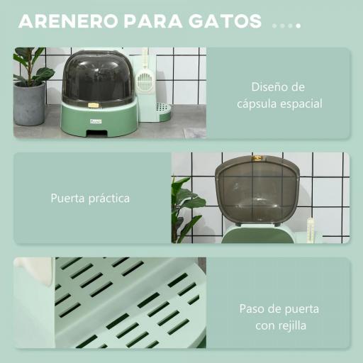 Arenero para Gatos en Forma de Cápsula Espacial con 2 Bandejas Extraíbles y Pala 52x60x42 cm Verde [2]