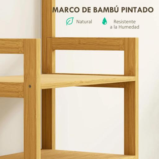 Estantería de Baño de Bambú con Espejo con 4 Ganchos 2 Estantes Abiertos y 2 Cajones de Tela 48,5x30x170 cm Natural [7]