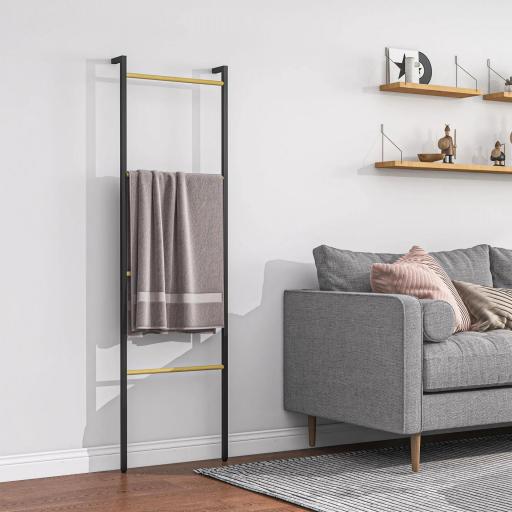 Toallero Apoyado en la Pared Toallero de Baño con 4 Barras de Bambú y Marco de Acero 49x5,5x167,5 cm Negro y Natural [5]