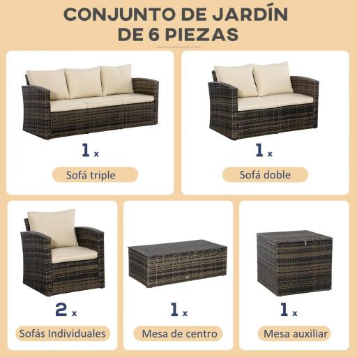 Conjunto de Jardín Exterior de Ratán 6 Piezas Cojines Sofá Doble Sofá 3 Plazas 2 Sillones 2 Mesas Auxiliares Caqui [4]