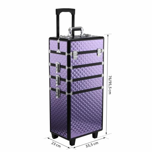 Maletín de Maquillaje Profesional con Ruedas Universales Distintos Niveles Asa Extensible Maletín Maquillaje Trolley Aleación de Aluminio 33.5x23x76/95.5 cm Violeta [1]