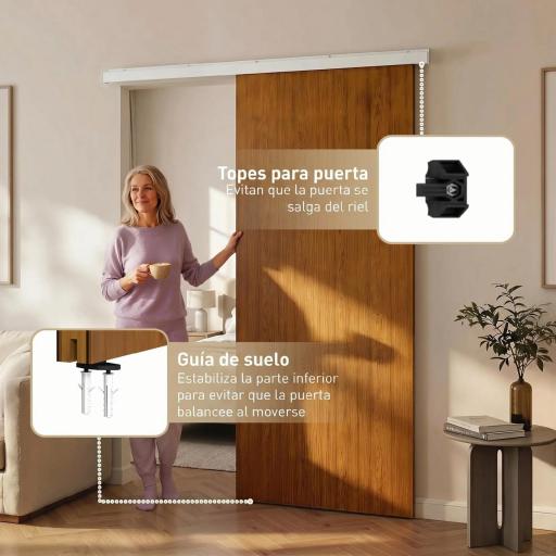 Puerta Corredera con Herrajes 90x210 cm con Rodillo Riel de Aluminio Guía de Suelo Marrón [3]