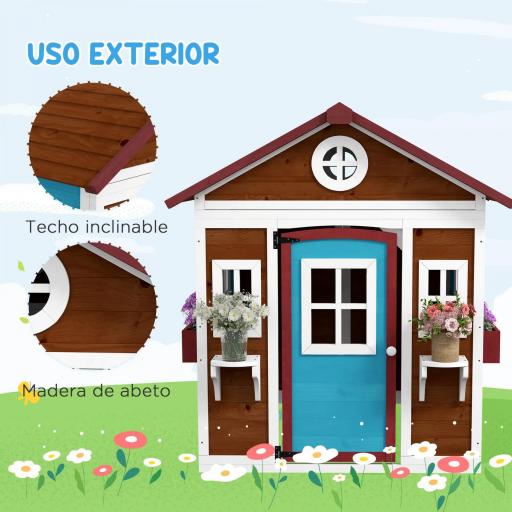 Casita de Madera Infantil con Puerta Ventanas Jardineras y Repisas con Detalles de Color 114x126,4x135 cm Marrón Oscuro [3]