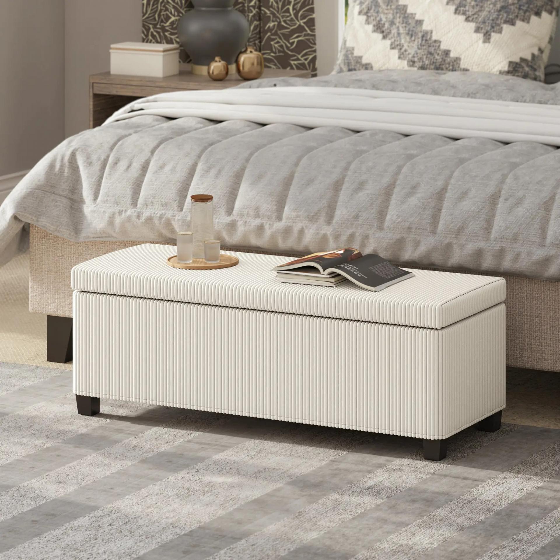 Banco Almacenaje Capacidad de 84 L 112x42x40cm Tapizado en Pana Pie de Cama para Sala de Estar Dormitorio Beige