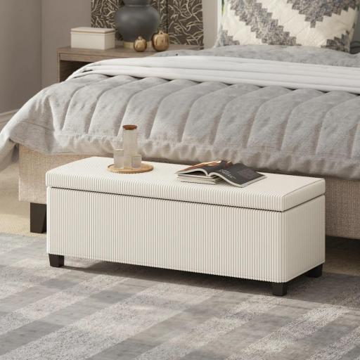 Banco Almacenaje Capacidad de 84 L 112x42x40cm Tapizado en Pana Pie de Cama para Sala de Estar Dormitorio Beige
