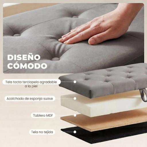Puff Almacenaje, Banco Almacenaje 141L 137x41x42 cm Tapizado en Terciopelo Baúl de Almacenamiento Carga 240 kg Gris [6]
