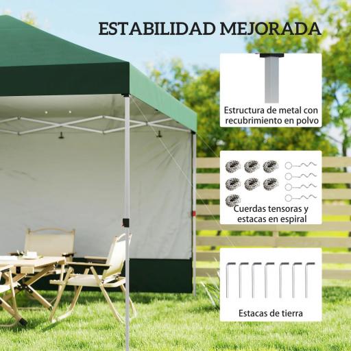 Carpa Plegable Pop-up 3x3 m con Pared Lateral UPF50+ Altura Ajustable Empuje Central Bolsa de Transporte Verde [4]