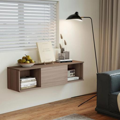 Armario de Pared Mueble de TV Colgante con 2 Compartimentos Abiertos y Puerta Abatible 120x30x29,5 cm Marrón [3]