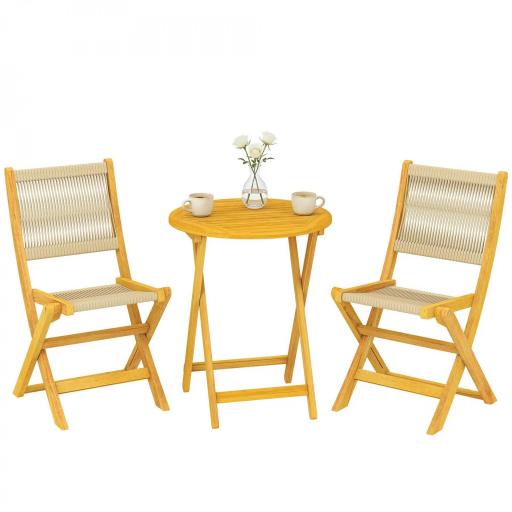 Conjunto de Jardín de 3 Piezas de Madera con 2 Sillas Plegables y Mesa Redonda para Patio Balcón Natural [9]