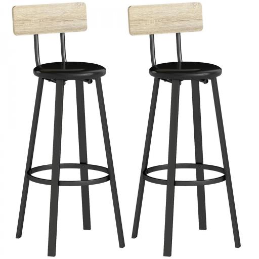 Juego de 2 Taburetes Altos de Cocina con Respaldo y Reposapiés Tapizados de PU Asiento de 75,5 cm Natural y Negro [10]