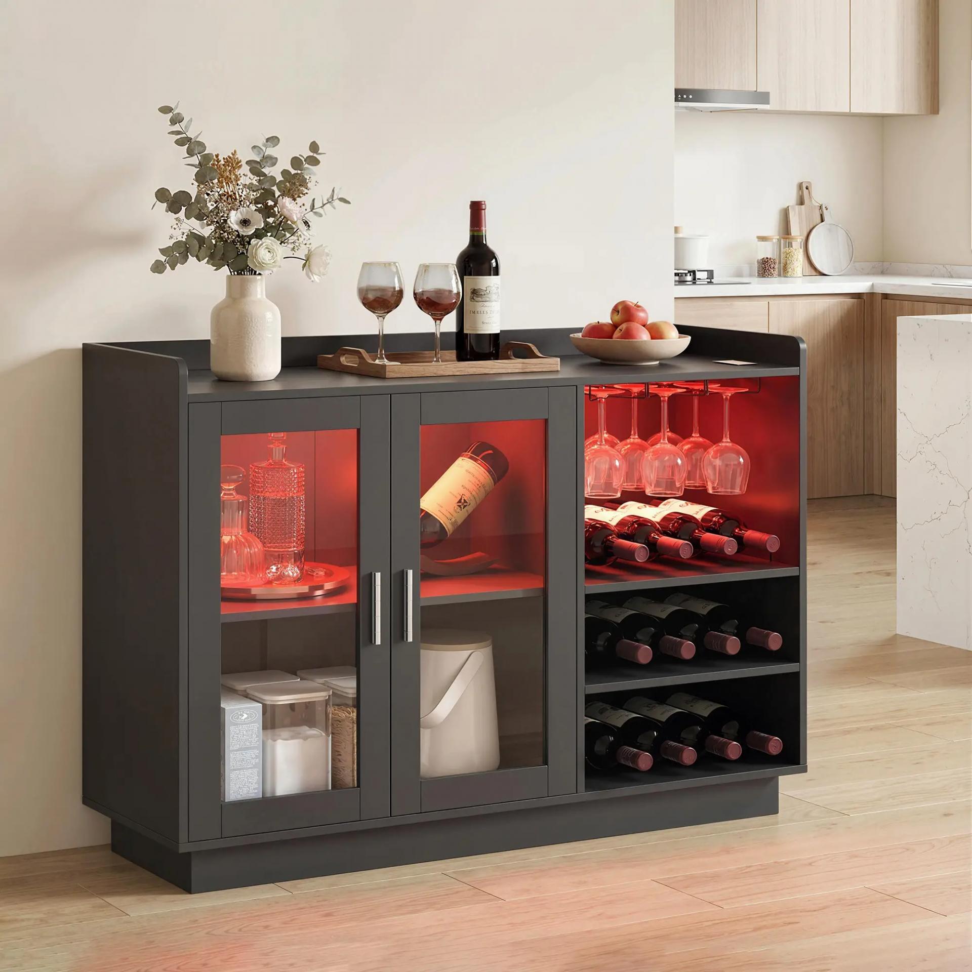 Mueble de Bar con Luces LED RGB y Botellero para 12 Botellas Armario Buffet para Vinos para Comedor Salón Negro