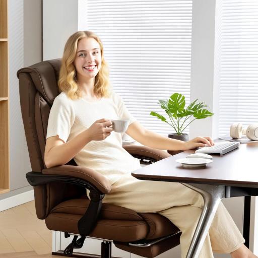 Silla de Escritorio con Reposapiés Respaldo Reclinable Acolchado Grueso Tapizada en Cuero Sintético Marrón [7]