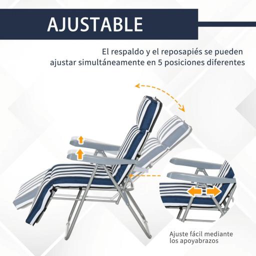  2 Tumbonas de Jardín de Acero con Cojín Acolchado Respaldo Ajustable y Reposapiés 60x75x66-102 cm Azul y Blanco [2]