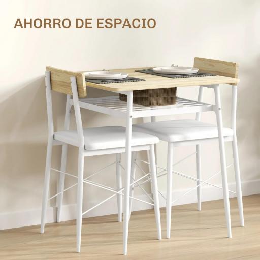 Conjunto de Mesa y Sillas de Comedor de 3 Piezas con Estante Abierto Estructura de Acero Blanco y Roble [3]