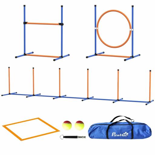 Juego de Agilidad para Perros de 4 Piezas con Piquetes para Slalom Zona de Reposo Valla y Anillo de Salto Naranja y Azul [4]