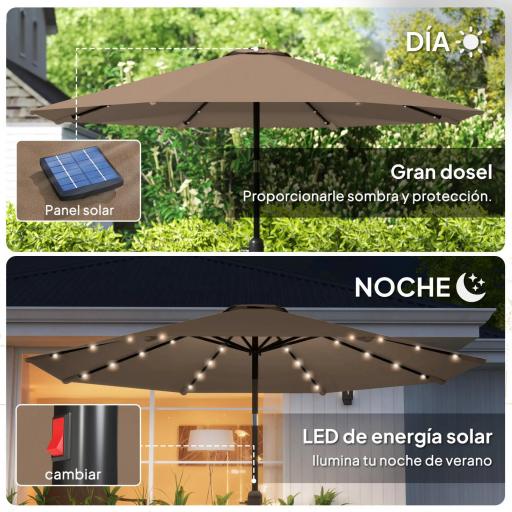 Sombrilla de Jardín Ø265 cm con 32 Luces LED Solares Manivela y Poste de Acero para Patio Terraza Caqui [7]