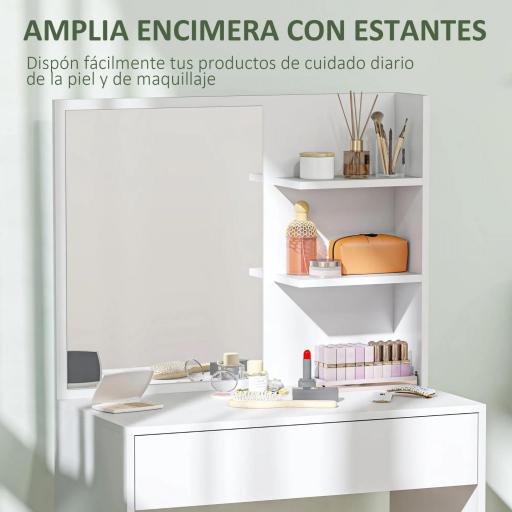 Tocador de Maquillaje con Espejo Mesa de Maquillaje con Cajón y Estantes Abiertos Blanco [6]