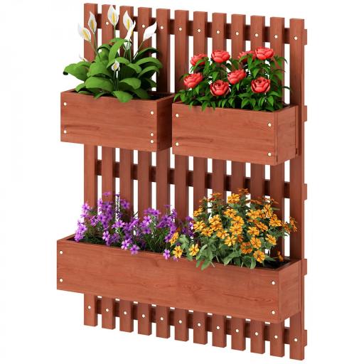 Jardinera de Pared de Madera con Enrejado y 3 Macetas Móviles para Jardín Terraza Patio 60x16x80 cm Marrón [8]