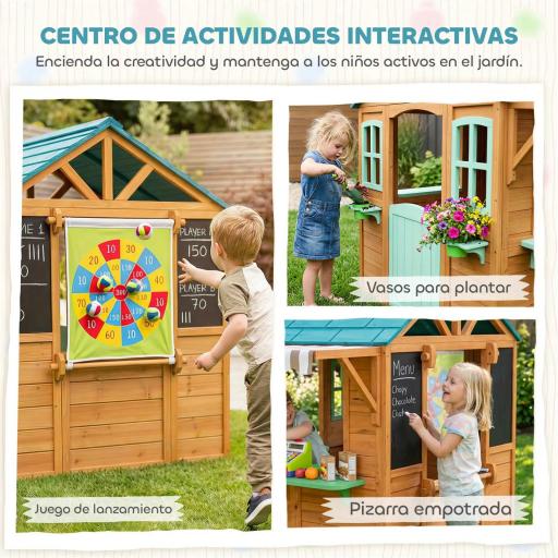 Casita Infantil Exterior e Interior de Madera con Barra de Snack Maceteros Pizarra Ventanas Tela para Tiro y 4 Pelotas [6]