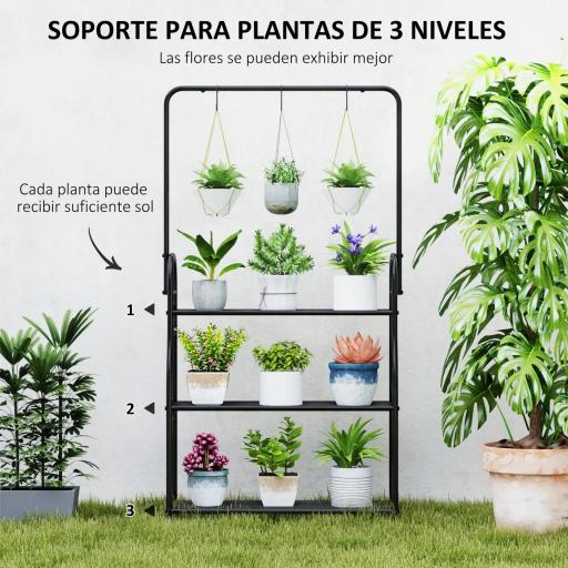 Estantería para Plantas de 3 Niveles con Ganchos de Metal Barra para Colgar para Interior y Exterior Negro [2]