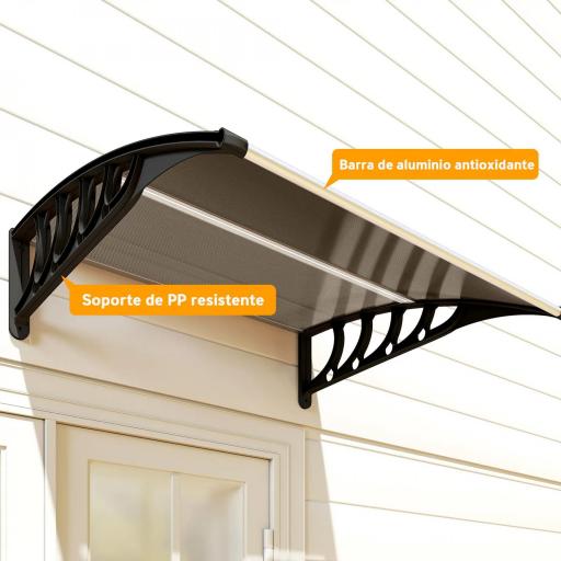 Marquesina Exterior para Puertas y Ventanas 103x96,5x27 cm Tejadillo de Protección contra Sol y Lluvia con Soporte Aleación de Aluminio Policarbonato Marrón Translúcido [6]