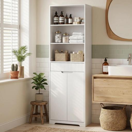 Armario Alto de Baño Columna de Baño Estrecha con 3 Estantes Abiertos Cajón Acanalado Estante Ajustable Blanco [3]