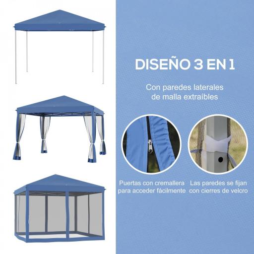 Carpa Plegable 3x3 m con 4 Paredes Laterales de Malla 8 Orificios de Drenaje Impermeable y Bolsa de Transporte Azul [2]