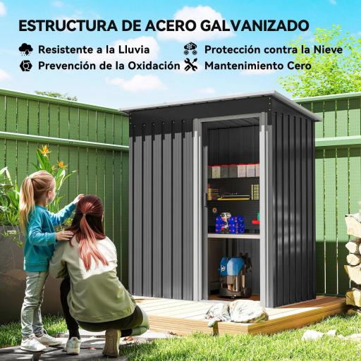 Cobertizo de Jardín Exterior 1,16 m² 163x89x182 cm Caseta Metálica con Puerta Corredera y Techo Inclinado Negro [2]