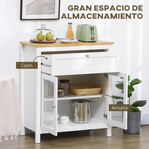 Aparador de Cocina Moderno Mueble Buffet Auxiliar con Cajón Estante Ajustable y 2 Puertas de Vidrio 80x40x90 cm Blanco [2]