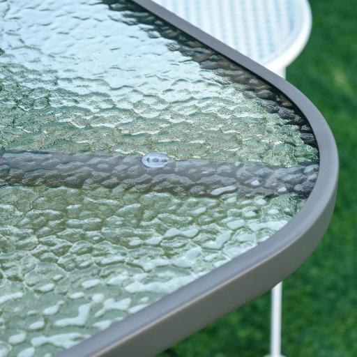 Mesa de Jardín Exterior Rectangular de Metal Bordes Curvos con Orificio para Sombrilla Capacidad 70kg Vidrio Templado 120x80x70 cm Gris Carbón [6]