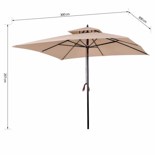 Parasol de Jardín de Metal 3x3x3 m con Doble Techo Impermeable y Manivela para Terraza Balcón Exterior Beige [1]