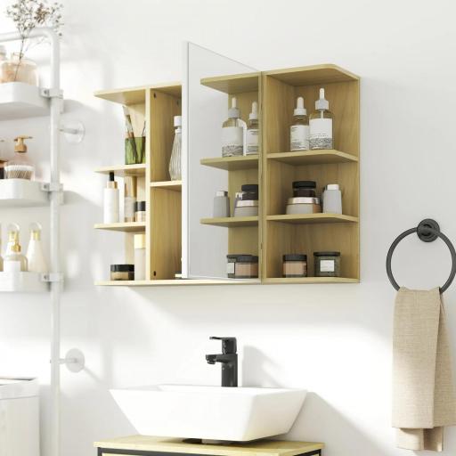 Armario de Baño de Pared con Espejo Puerta Estantes Abiertos 80x20x59 cm Natural [6]